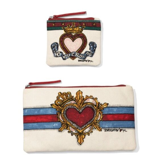 NWT Brighton In Love We Trust Heart Pouch Set Canvas Leather Zipper Bags - Picture 1 of 13